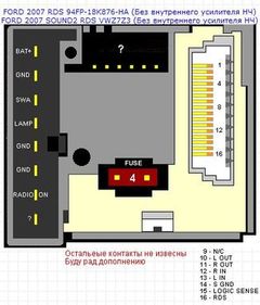 Распиновка разьёмов автомагнитолы FORD 2007 RDS 94FP-18K876-HA